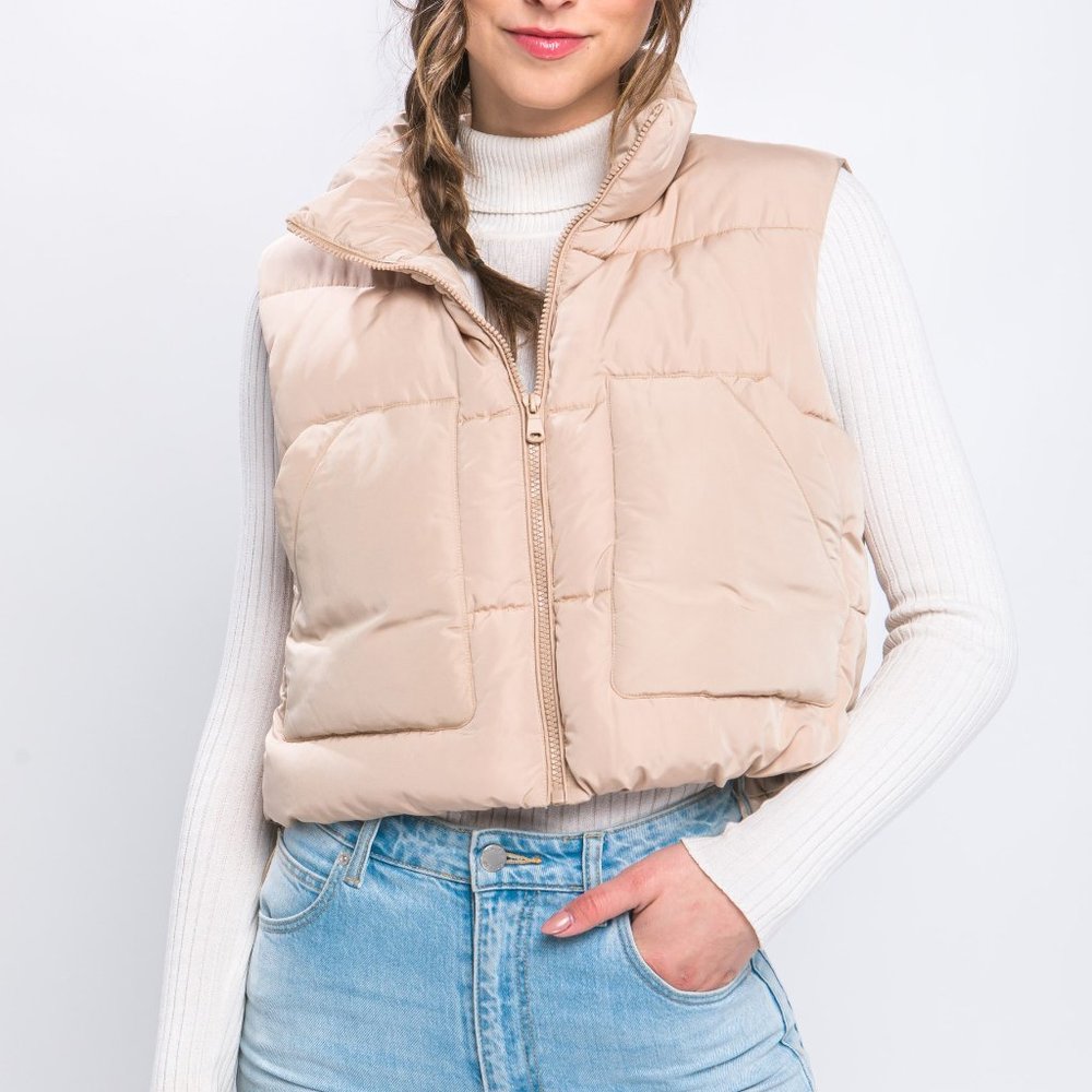 Puffer Vest With Pockets - Khaki